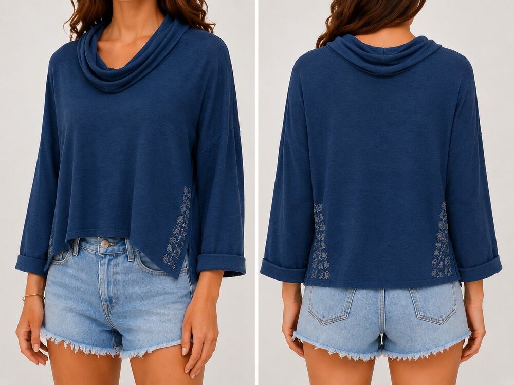 Sundance Womens Navy Embroidered 3/4 Sleeve 100% Cotton Cowl Neck Sweatshirt XXL